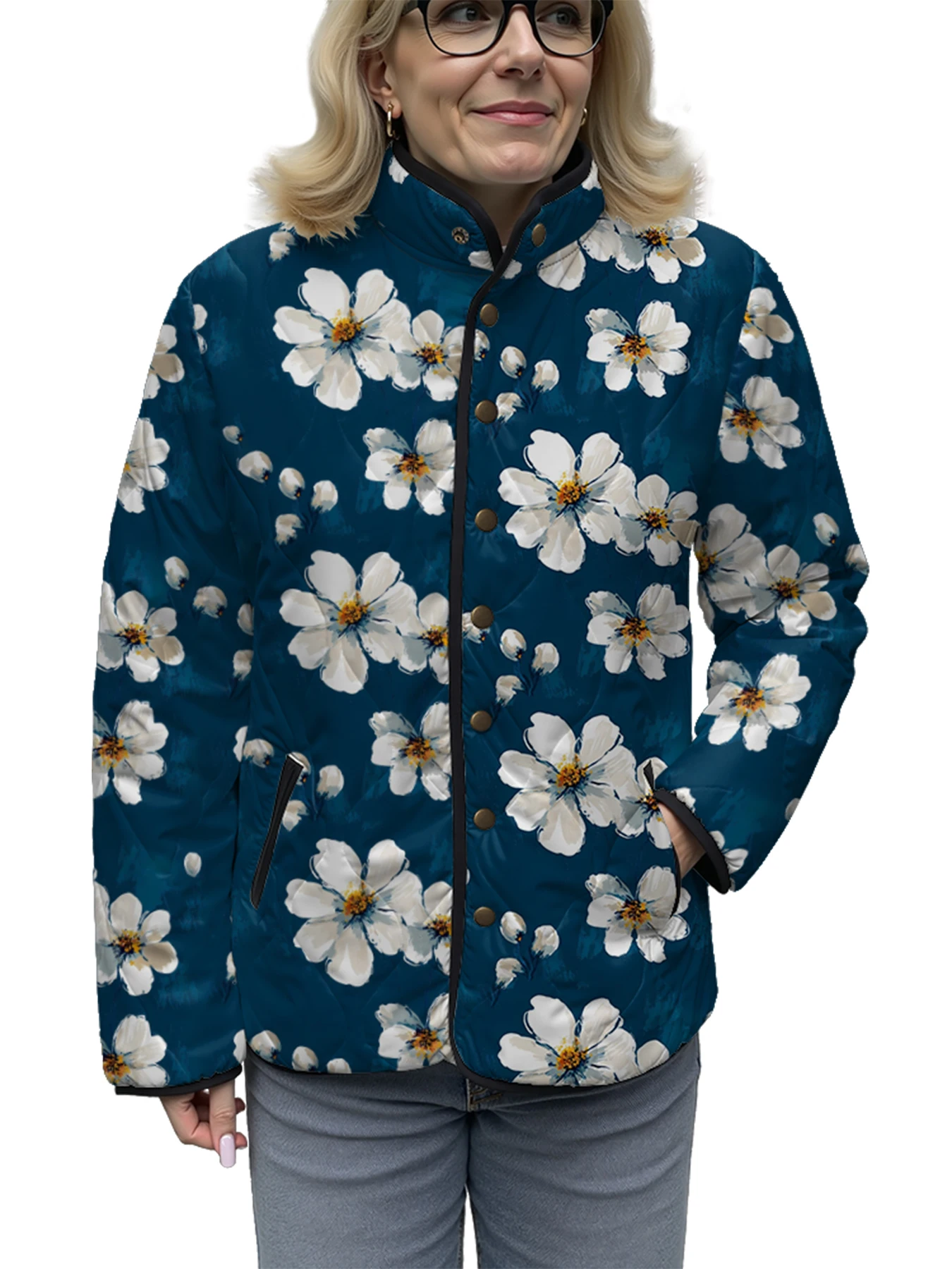 

Стильное женское элегантное пальто с цветочным принтом и цветочным принтом, легкая куртка, теплая зимняя куртка с воротником-стойкой и боковыми карманами на пуговицах, повседневная верхняя одежда