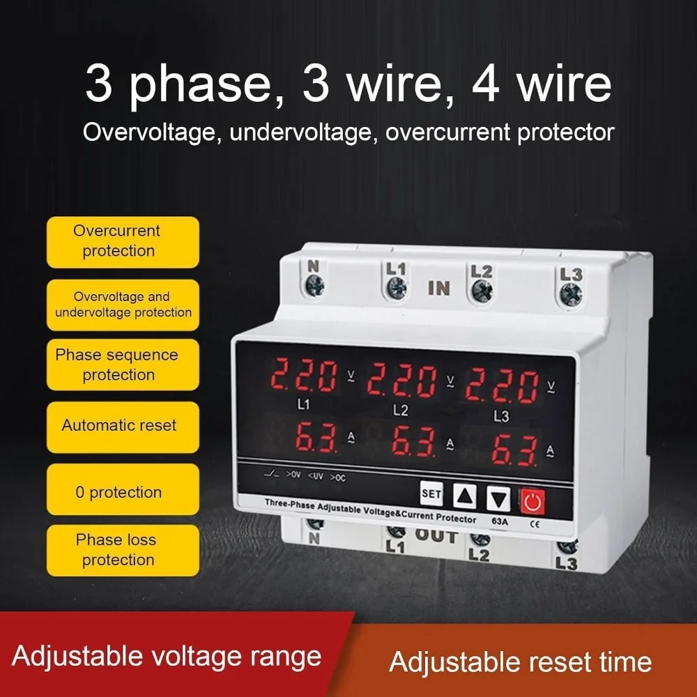 PC Under Voltage Protector AC120V-300V Adjustable Setting Voltage Monitoring Relay 3P4W Configuration 63A Rating