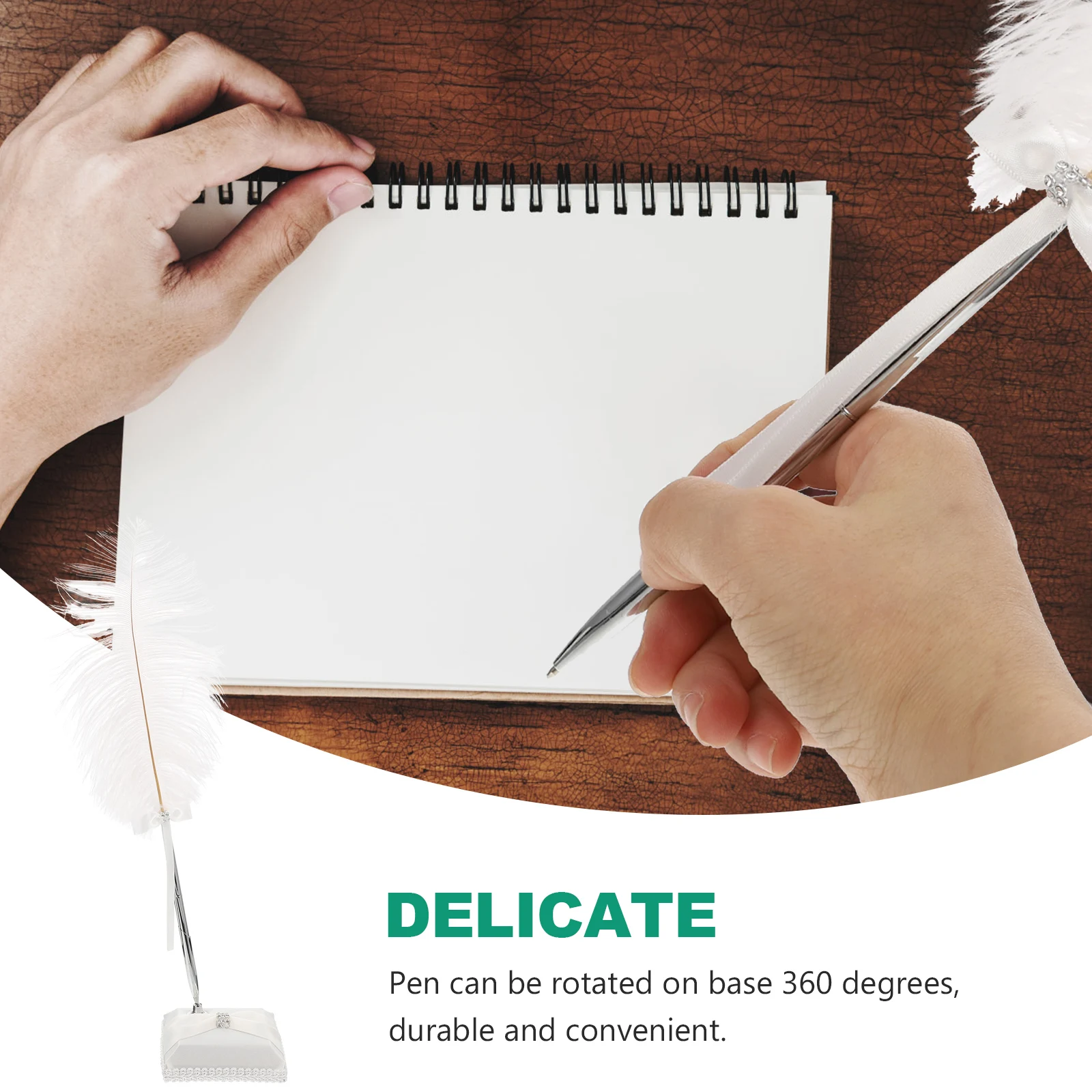 

Свадебная гостевая книга, ручка для подписи, белые страусиные черные чернила, декор со стразами, держатель для ручек, вращение на 360 градусов, элегантный