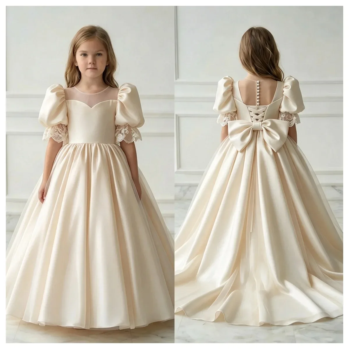 Customized Elegant White Satin Square Neck Long Puffy Sleeves Flower Girl Dress Children's Sacrament Birthday Bridesmaid Dress