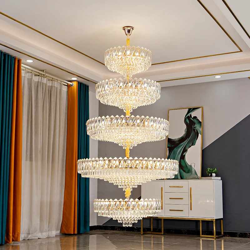 

Duplex Building Grand Chandelier Villa Living Room Light French Luxury Large Crystal Light Hotel Lobby Crystal Long Chandelier