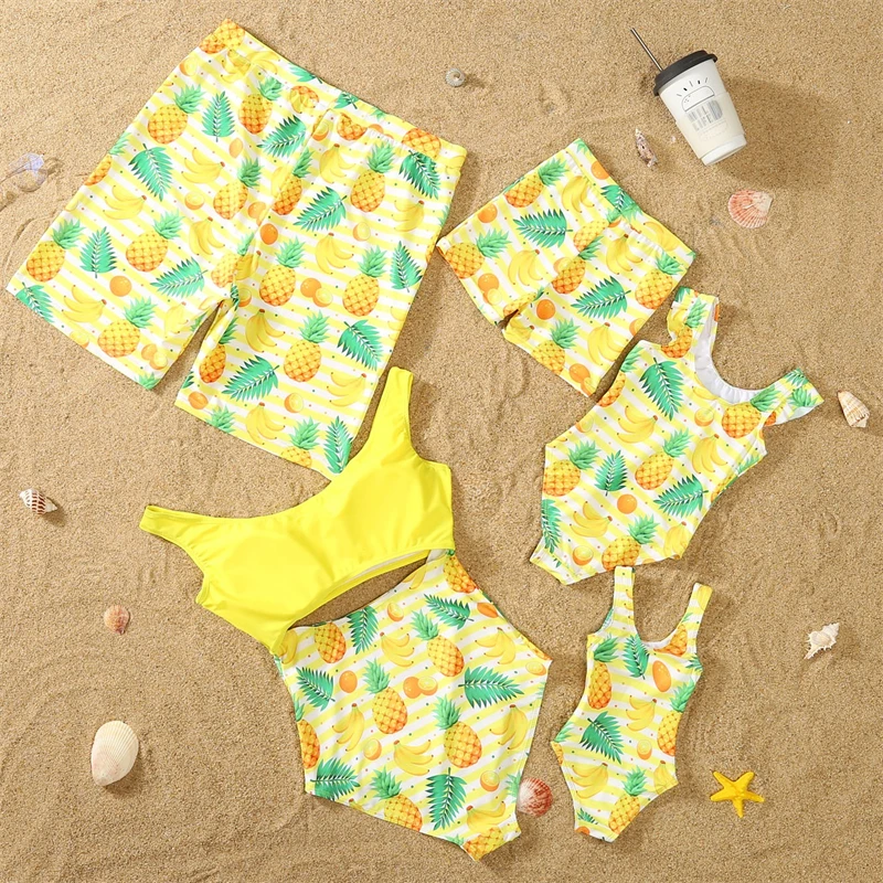 Pineapple Swimsuits Family Matching Outfits One-Piece Mother Daughter Swimwear Beach Mommy and Me Clothes Father Son Swim Shorts