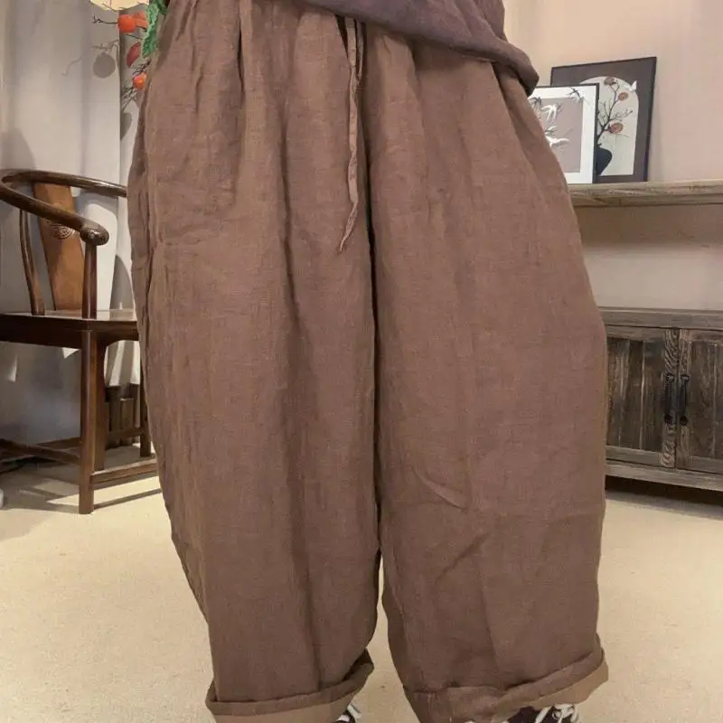 New Arrival Autumn Winter Arts Style Women Elastic Waist Loose Trousers All-matched Casual Double-deck Cotton Linen Harem Pants