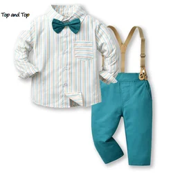 top and top Toddler Kids Boys Gentleman Clothing Sets Long Sleeve Bowtie Striped Shirt+Suspenders Pants Little Boy 2PCS Outfits