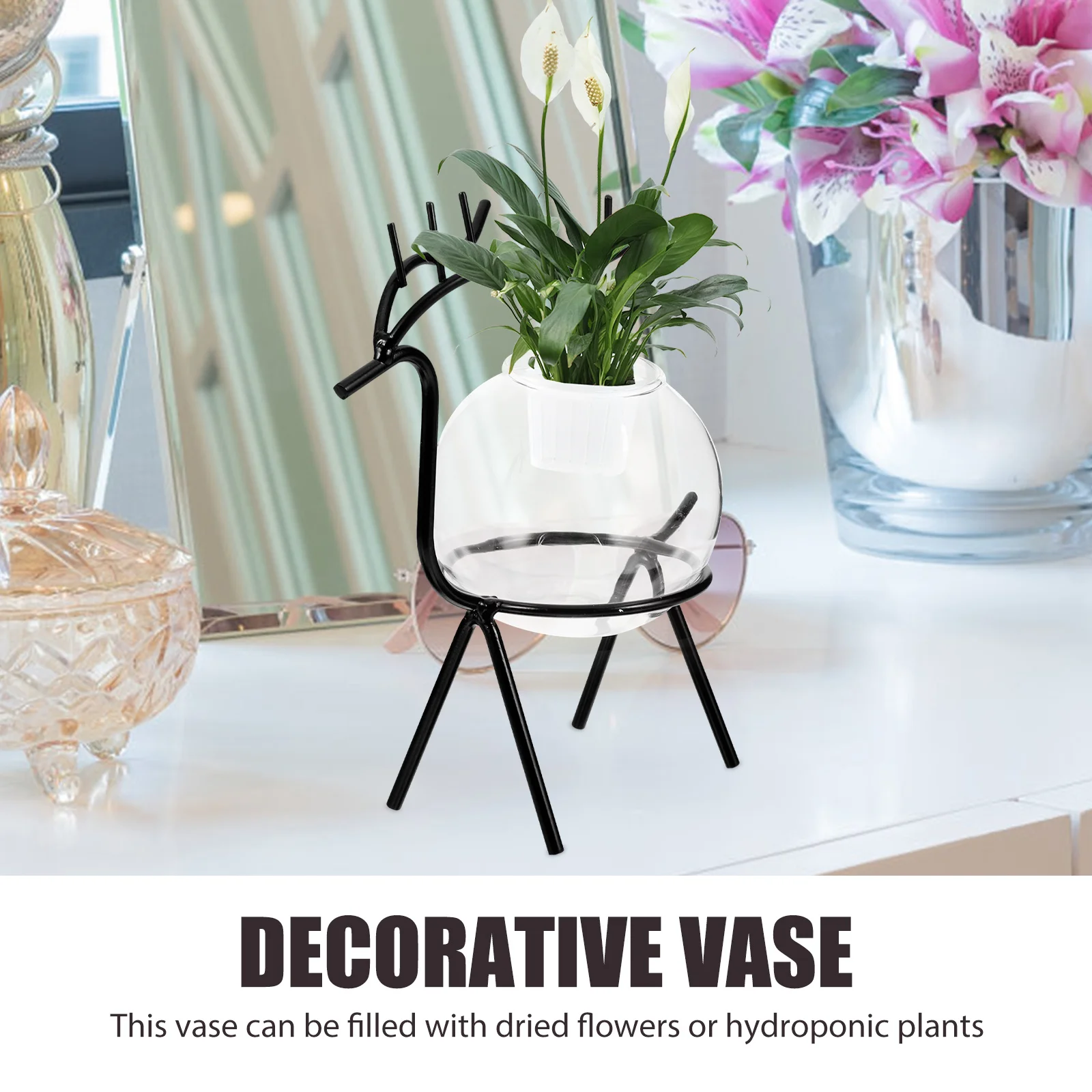 

Hydroponic Glass Small Vase Metal Stand Creative Flower Container For Home Office Decor Transparent Plants Vase Water