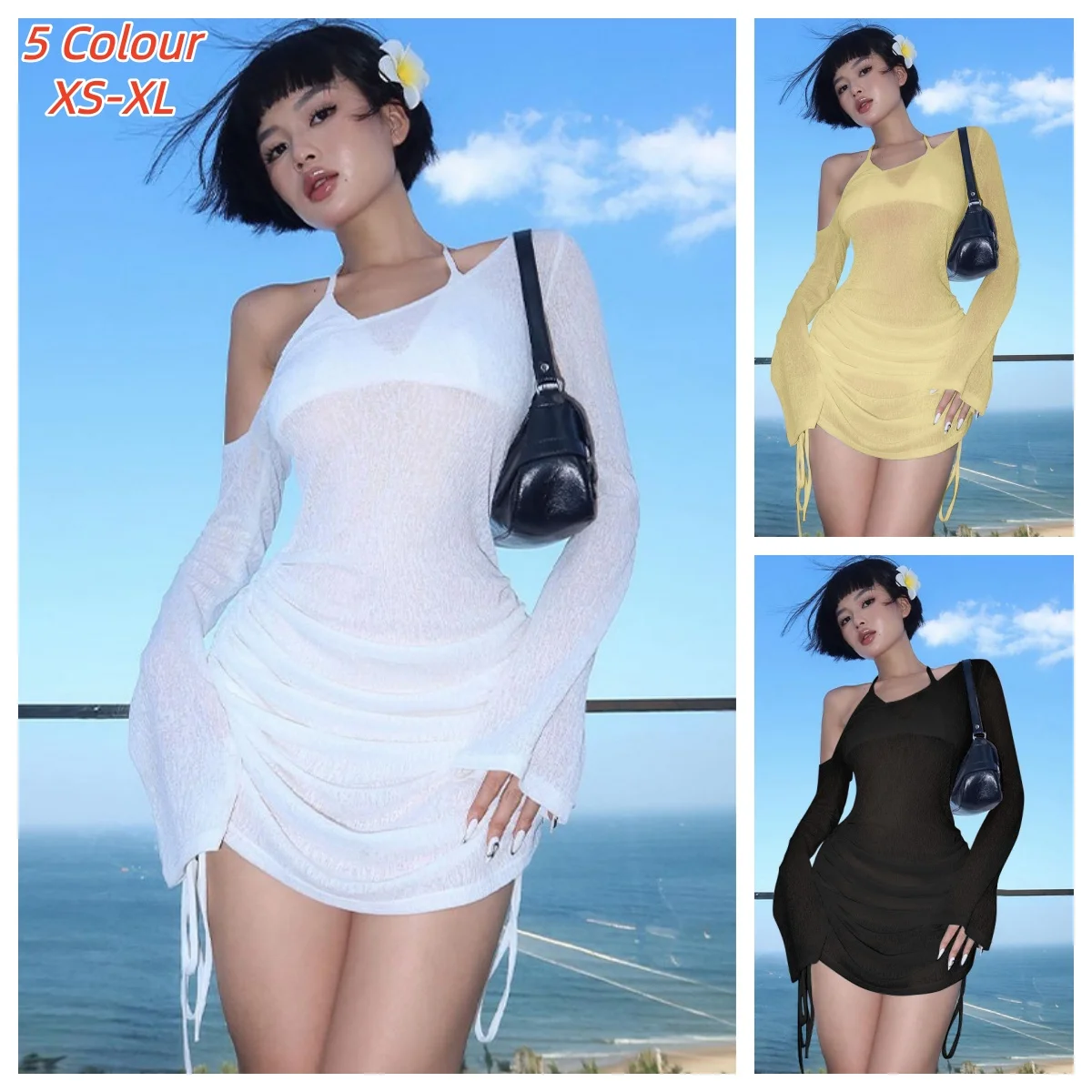 Sexy Solid Skew Collar Ruched Straps Lace-Up See Through Draw String Mini Dress Summer Women Party Clubwear Wholesale Halter Top