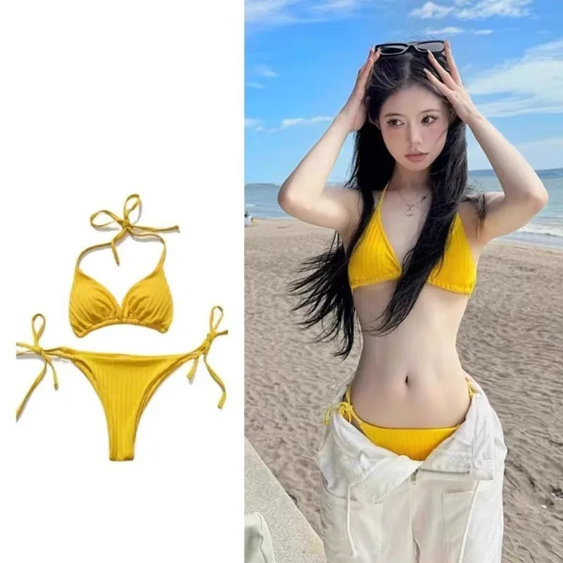 

2025 New Yellow Bikini Swimsuit Women Sexy Pure Desire White Enhancing Ne Hanging American Hot Girl Trending Item