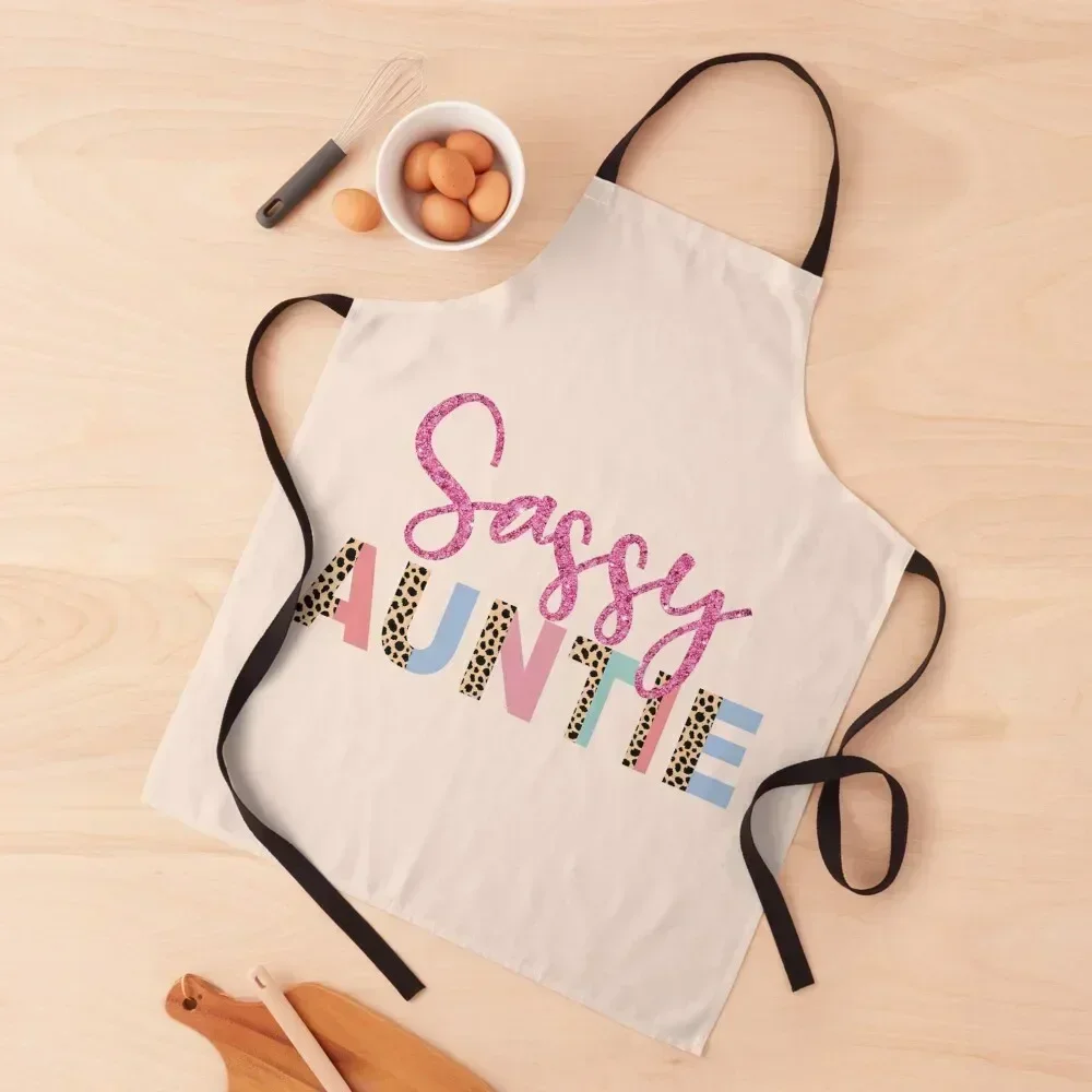 

Sassy Auntie Pink Glitter Leopard Print Apron Customizable Woman men's barbecue For Man Things For Kitchen Apron
