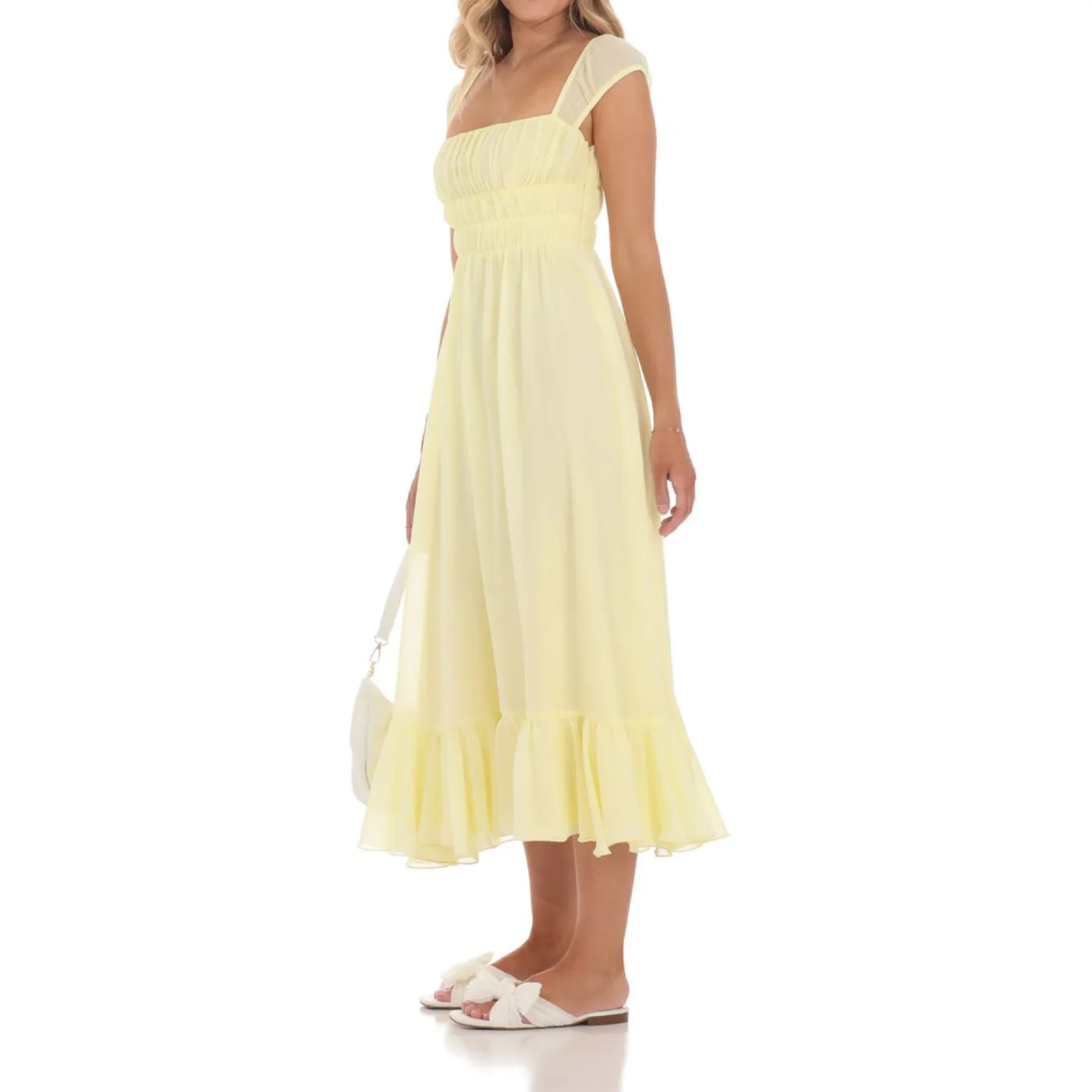 Vestido feminino longo de chiffon evasê, cor sólida, gola quadrada, manga longa, costas nuas, vestido com babados em camadas para o verão