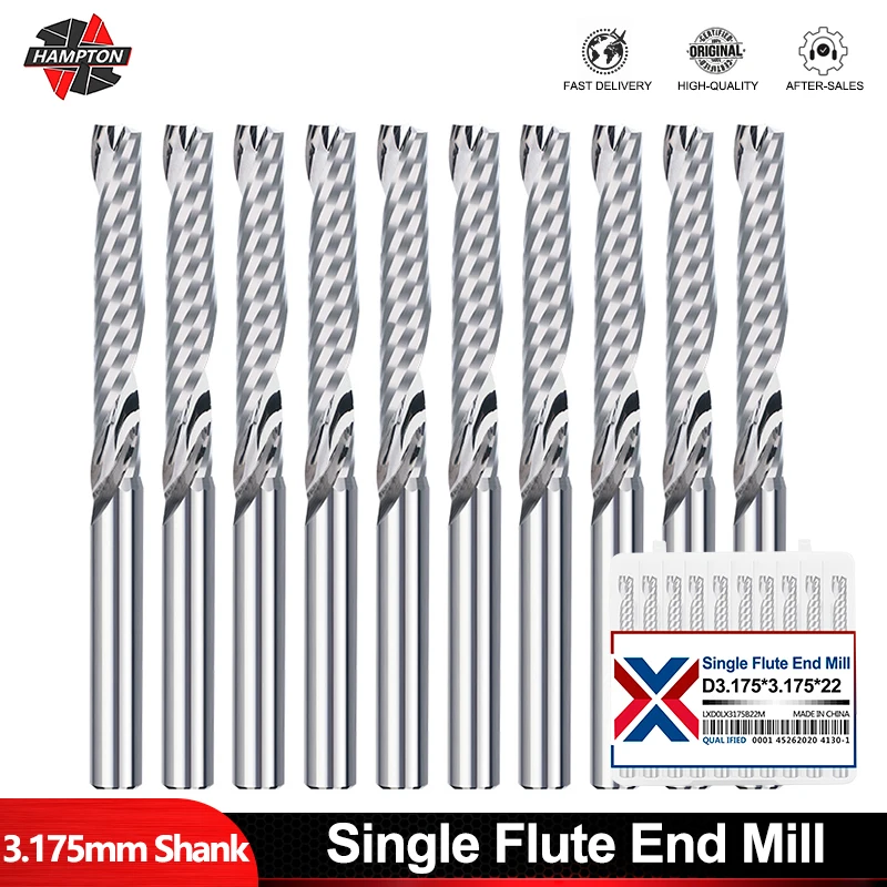 

HAMPTON 10 шт. фреза с ЧПУ, однофлейтовая фреза, хвостовик 3,175 мм, спиральная твердосплавная концевая фреза для дерева, пластика, ПВХ