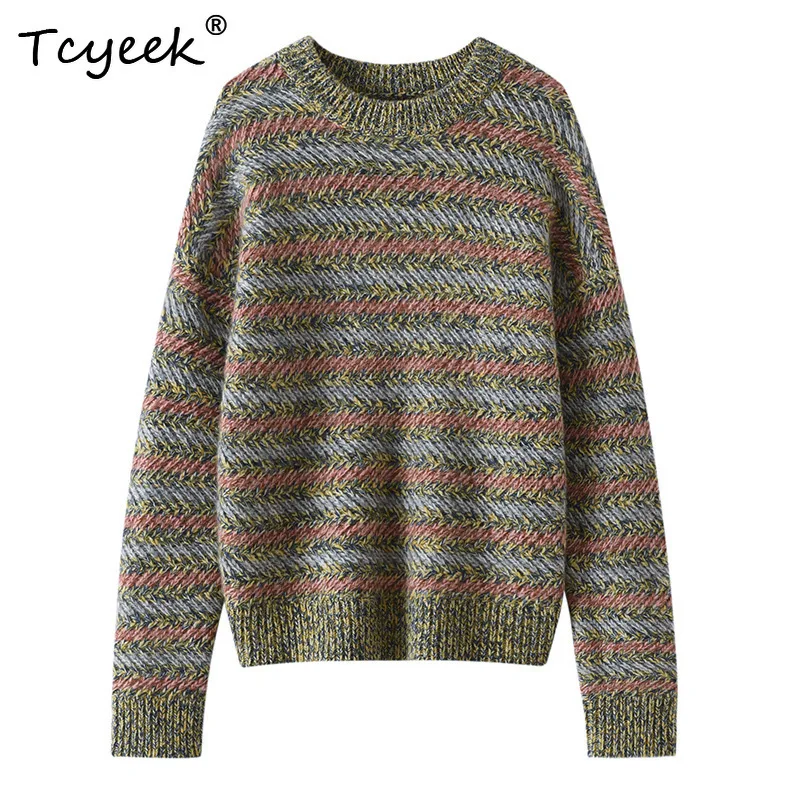 

Tcyeek, Cashmere Wool Elegant Knitted Sweaters, Women O-Neck Striped, Fashion Loose OL Sweater, 2024 Fall Winter Top T485119QM