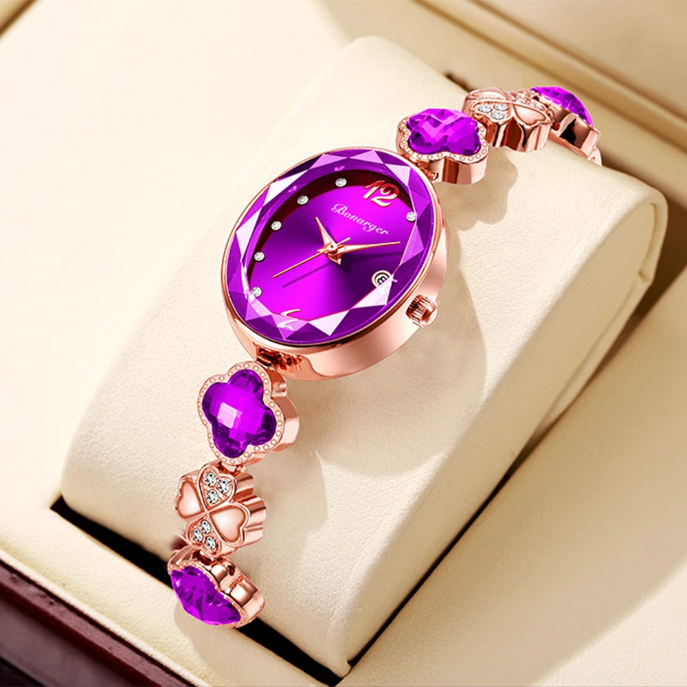 BONARGER Lucky Four-Leaf Clover Bracelet Quartz Watch Water-Resistant Fashion Women's Watch Bracelet-Style Watch Gifts for Women