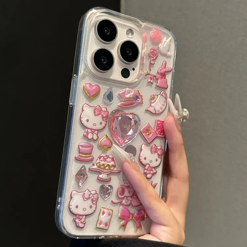 Kawaii Hello Kitty Cartoon DIY Phone Case Suitable for IPhone 15 14 13 11 16ProMax IPhone 15 Pro Girl Anti Drop Transparent Case