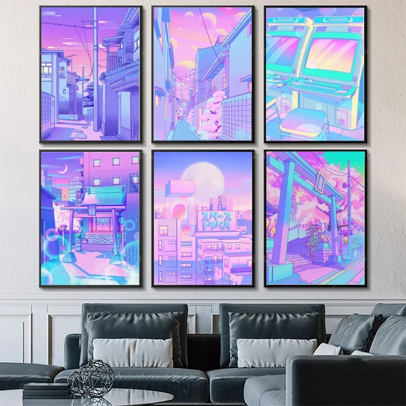 

80s Vaporwave Style City Poster Self-adhesive Art Poster Whitepaper Prints Posters Artwork Aesthetic Art Wall Painting