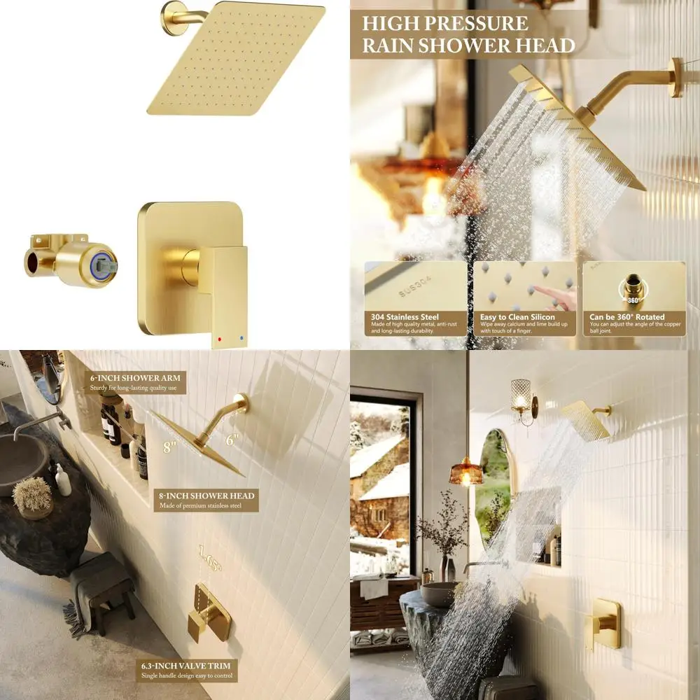 

Gold Shower Faucet Set - 8-Inch All Metal Showerhead with Handle, Includes Shower-Trim Kit and Valve, Brushed Gold Finish