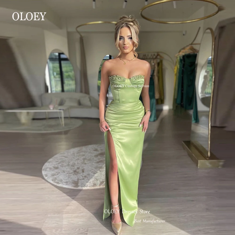 

OLOEY 2023 Sexy Sweetheart Mermaid Evening Dresses Pearls Beads Split Pleats Dubai Arabic Avocado Green Prom Gowns Formal Party