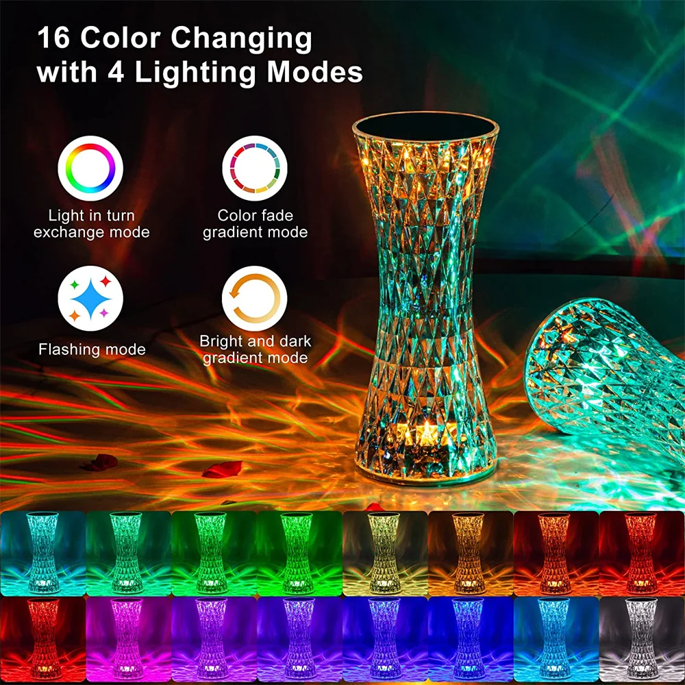 Crystal Table Lamp RGB Night Light Small Waist Projector USB Touch Lamp LED Romantic Diamond Atmosphere Light Room Decoration