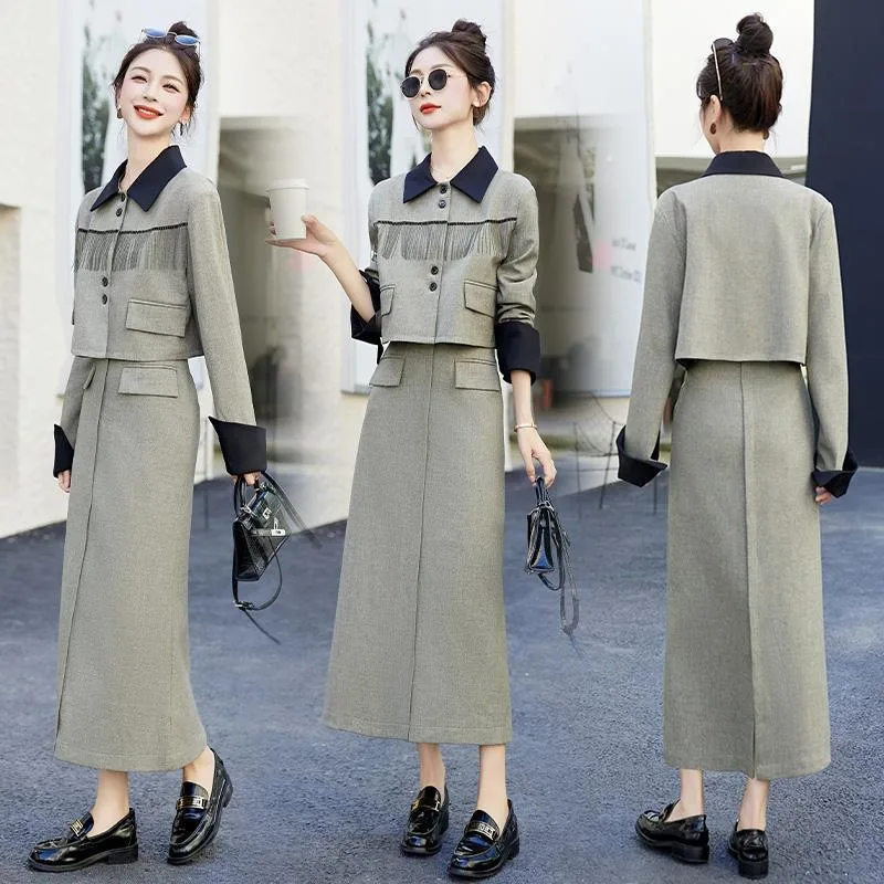 Insozkdg New Spring Fashion Small Fragrance Single Breasted Short Coat + High Waist Mid Length Skirt Suits Korean Two Piece Set