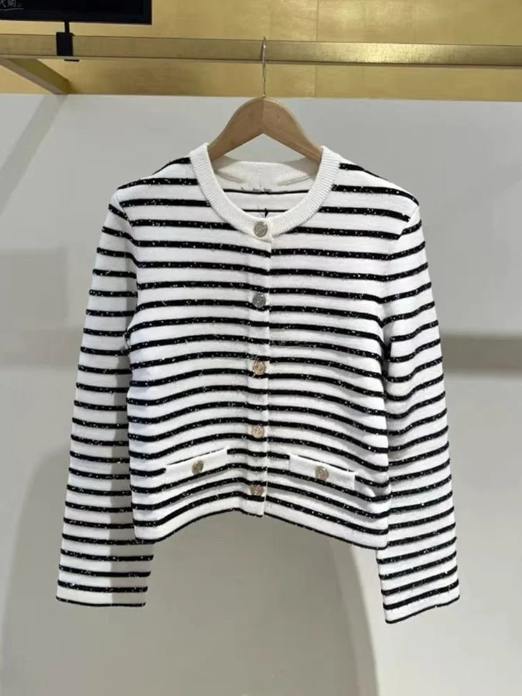 

High-End Version Glitter Knitted Vest Short Top Heavyweight round Neck European Style Fashionable Striped Outerwear Series