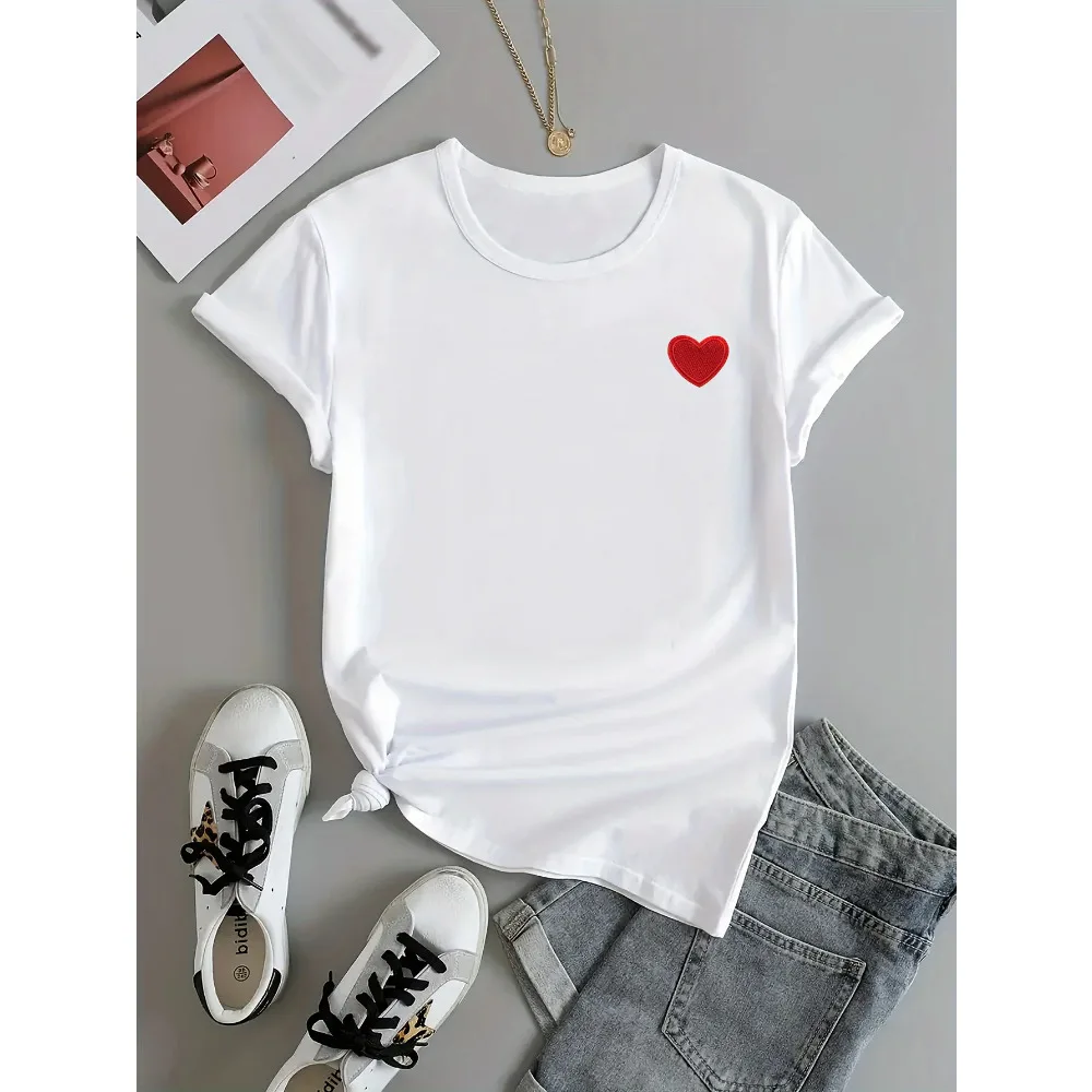 Schwarzes Herz Grafik-Print T-Shirt Damen Top Tees Strand Y2K Lustiges Kurzarm-T-Shirt O-Ausschnitt Harajuku T-Shirt ﻿