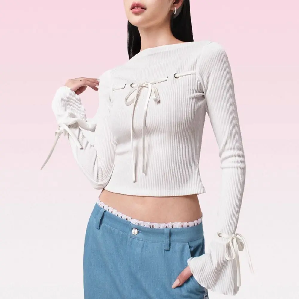 

Round Collar Pullover Sweater Bell Sleeve Tighten The Waist Long Sleeve Blouse Short Style Solid Color Lace Up Top Spring