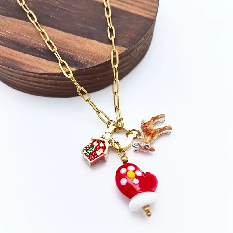 2026 Xmas Color Glass Bead Necklace, Stainless Steel Santa Christmas Tree Pendant Necklace for Women