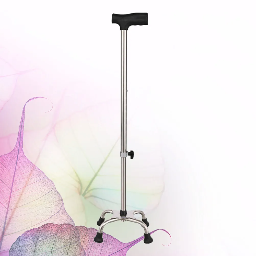 

1pc Four-Legged Walking Cane Adjustable Height Silver Stainless Steel Crutch Non-Slip Rubber Tips Stable Support Stick For