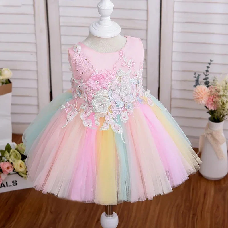 Unicorn Cosplay Baby Girl Clothes Set Flower Rainbow Princess Dress for Birthday Wedding Ball Gown Puffy  Girls Toddler