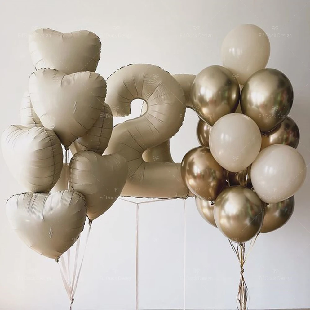 22Pcs/Set 32inch Retro Beige Cream Number Foil Balloon 18inch Love Heart Helium Ball Kid 1-9rd Birthday Baby Shower Decoations