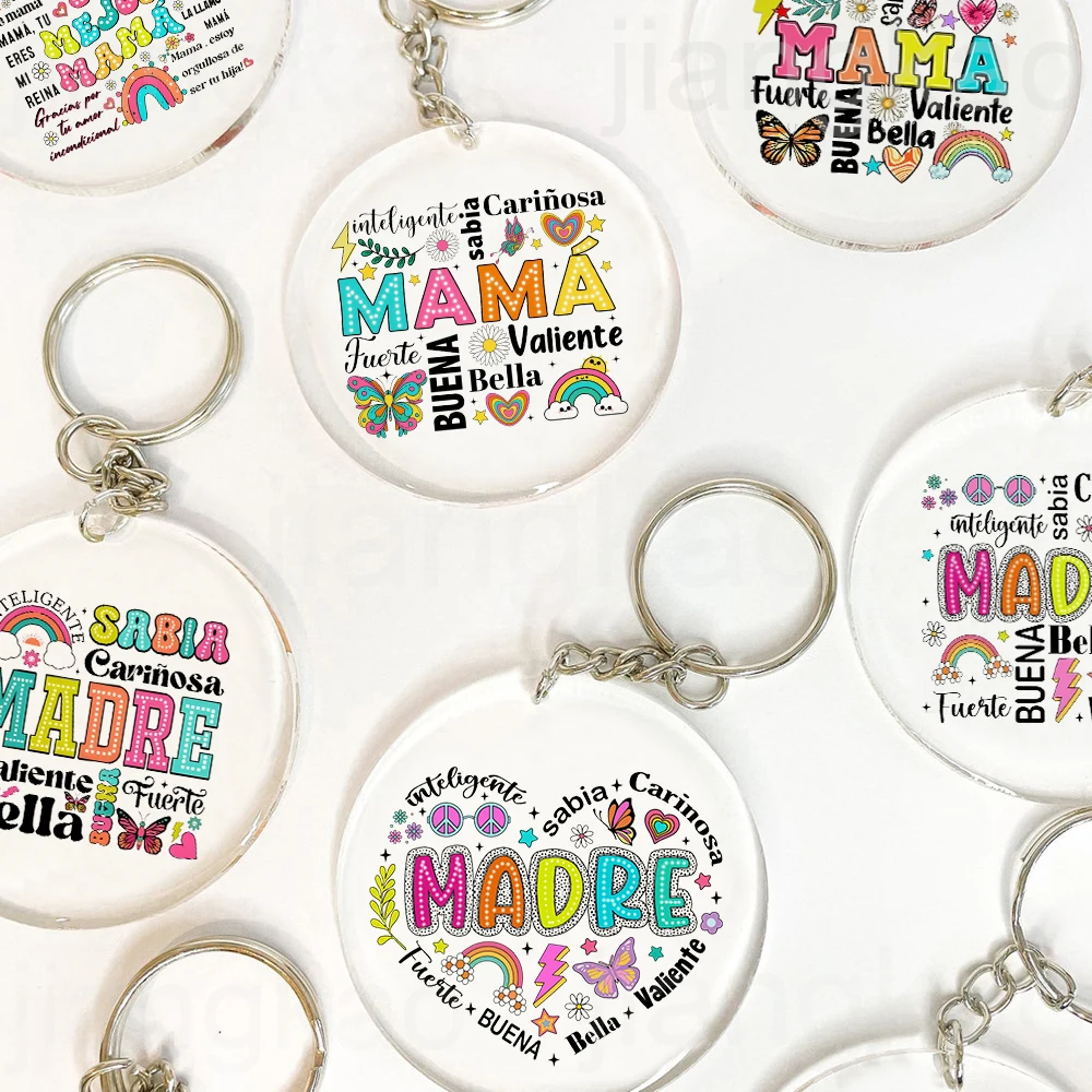 Intelligent Loving Brave Mother Spanish Print Keychain Circle Chain Acrylic Keyring Holiday Birthday Mother's Day Gift for Mama