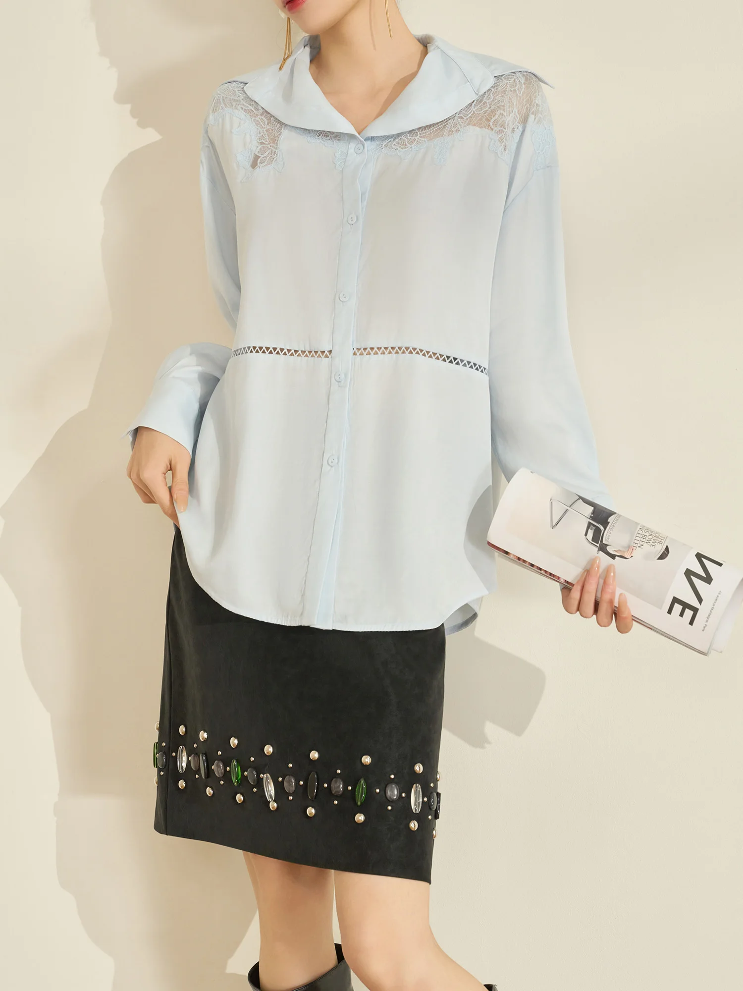 

Женская блузка Ele с кружевными вставками, свободного кроя, с длинными рукавами, весенняя новинка, ажурная, дышащая, из полиэфирного волокна, повседневная