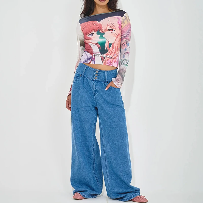 النمط الأوروبي والأمريكي أنيمي الكرتون المطبوعة بأكمام طويلة الرقبة المستديرة المرقعة الأعلى العصرية فتاة حار Y2K التنقل الترفيه