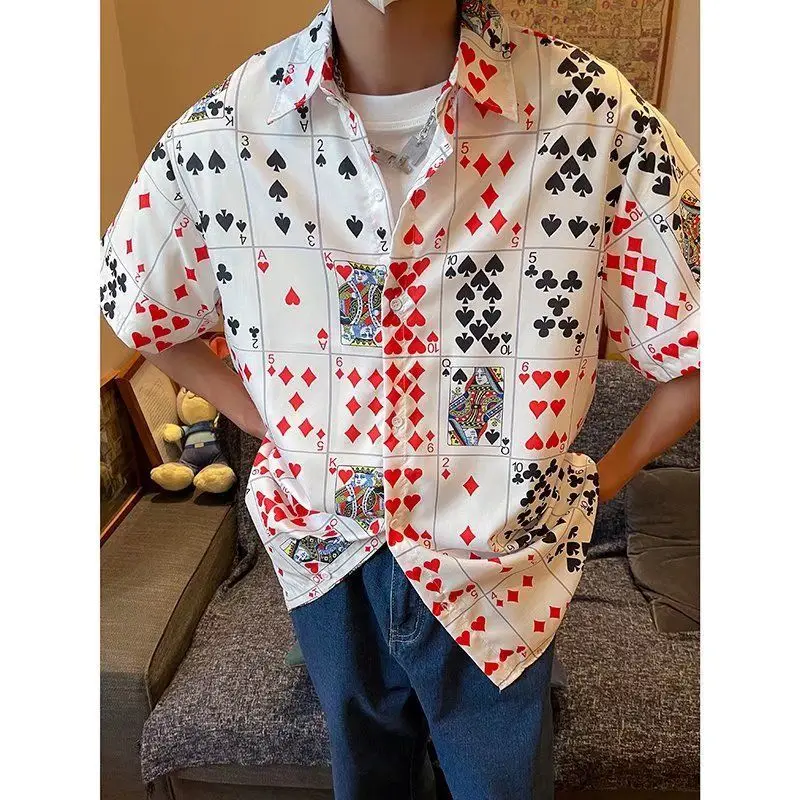 

E-BAIHUI Print Playing Card Shirts for Men Summer Short Sleeve Beach Men Clothing Casual Lapel Chinese Style Loose Shirt Male