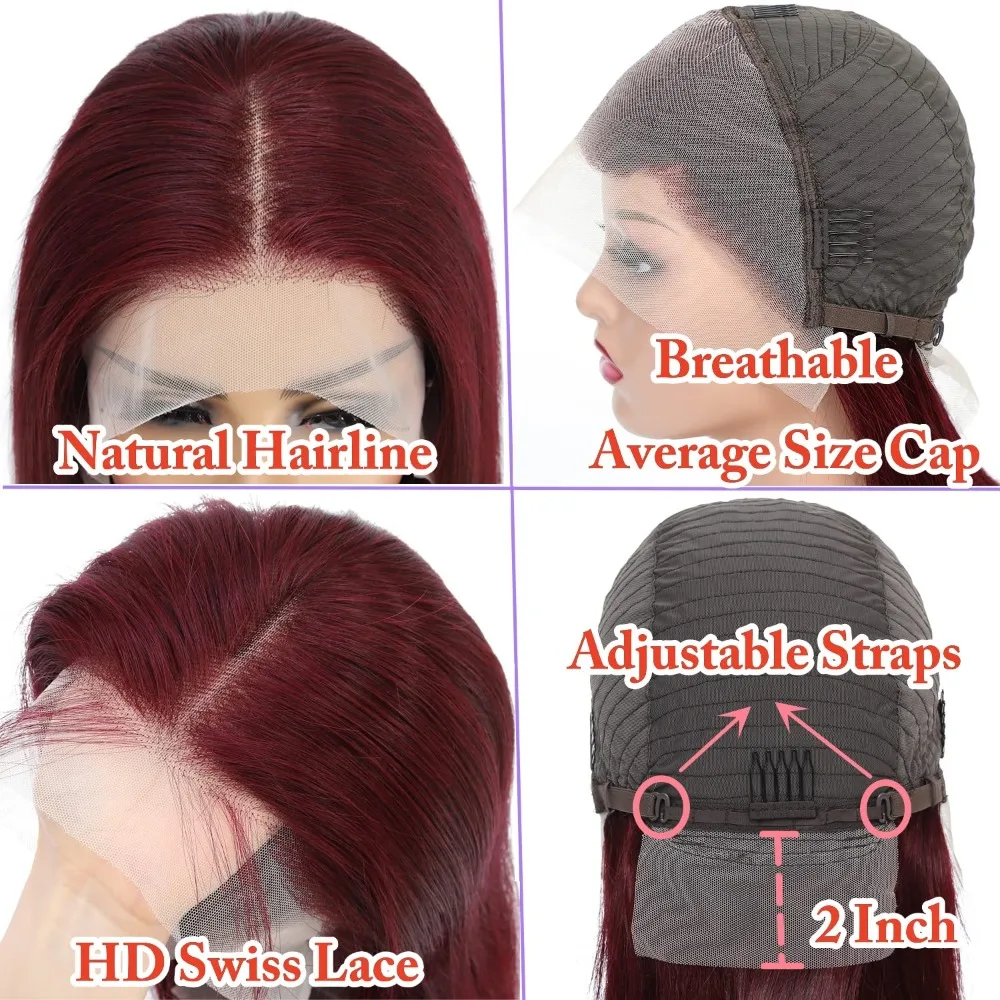 13x4 الدانتيل الجبهة 99J بورجوندي بوب شعر مستعار 100% شعر بشري حقيقي HD شفاف قبل قطعها شعر مستعار مستقيم للنساء ملابس السفر الطرف