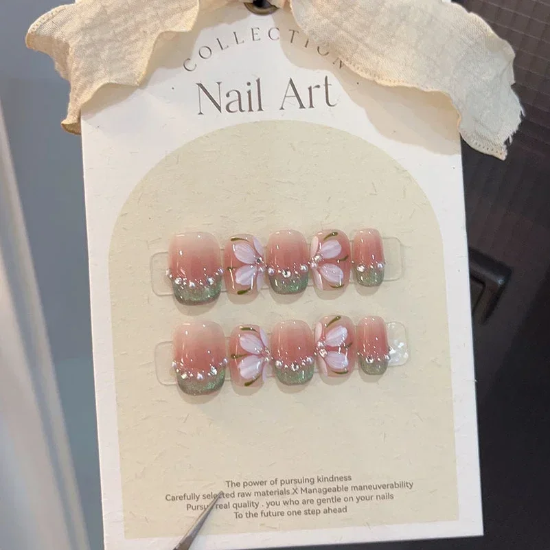 

10Pcs French Handmade Press on Nails Flower Fake Nails Short Wearable Stick-on Nails Full Cover False Nail Uñas Postizas 네일팁
