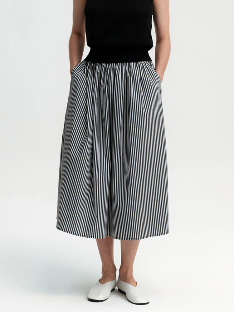 

Женская юбка Moondal с высокой талией, свободного кроя, в полоску, в корейском стиле, повседневная, универсальная, длиной до колена, А-силуэт, миди, для лета