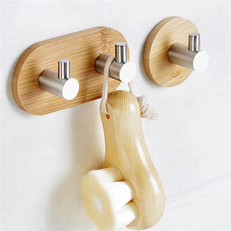 KEKA Bamboo Stainless Steel Hook Wall Clothes Bag Headphone Key Hanger Kitchen Bathroom Door Towel Rustproof Shelf (A)