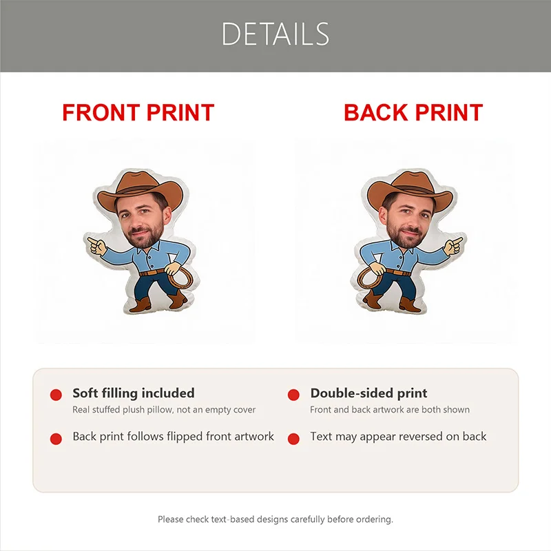 Custom Photo Cowboy Shaped Pillow, Personalized Face with Blue Shirt & Hat Decorative Cushion, Unique Home Decor Accent for Sofa