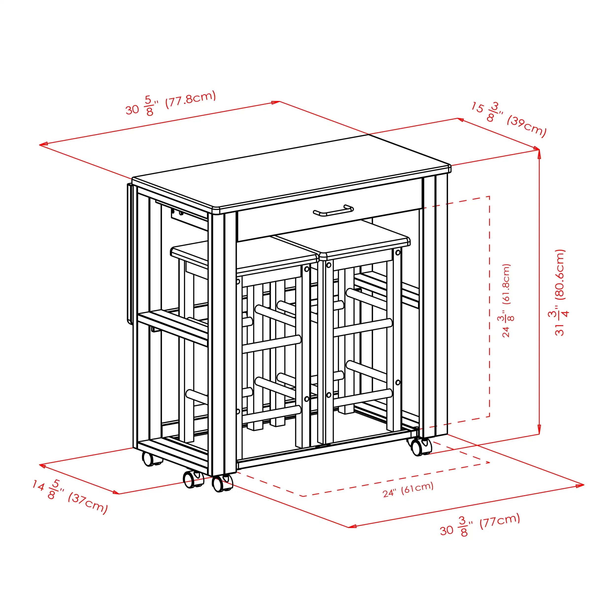 3-Pc Space Saver Bar Table and Chairs Set, Walnut Finish Pub Table Set w/ 2 Stools