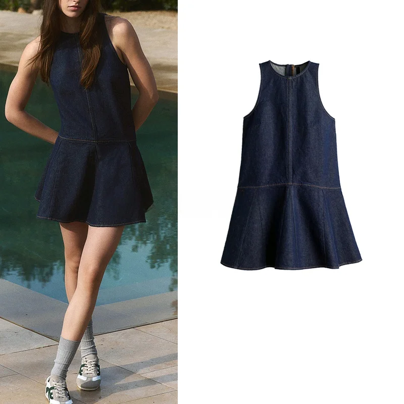 Spring Summer Women's Gored Decorative Cotton Svel round Ne A-Line Flared Skirt Denim Dr Casual Sle ort Skirt