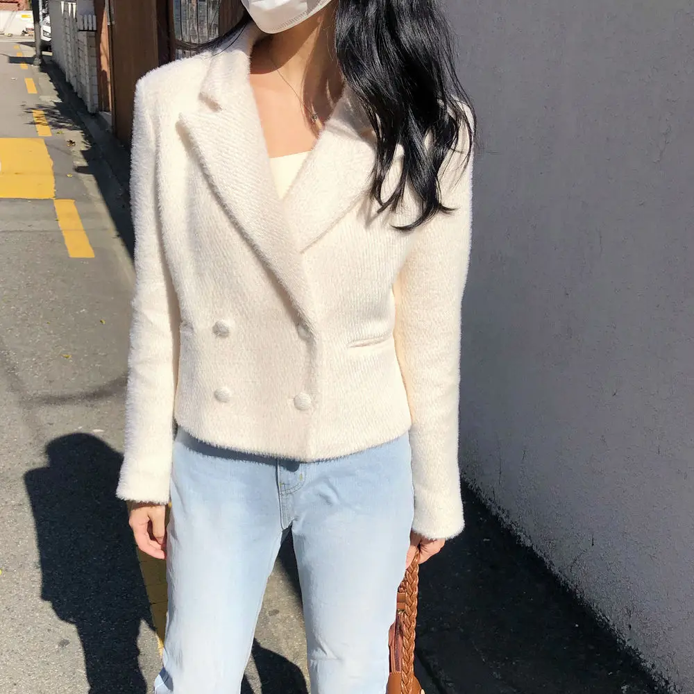

Women's Korean Style Suit Collar Double-breasted Short Woolen Jackets Autumn Winter French Retro Versatile Slim Temperament Coat