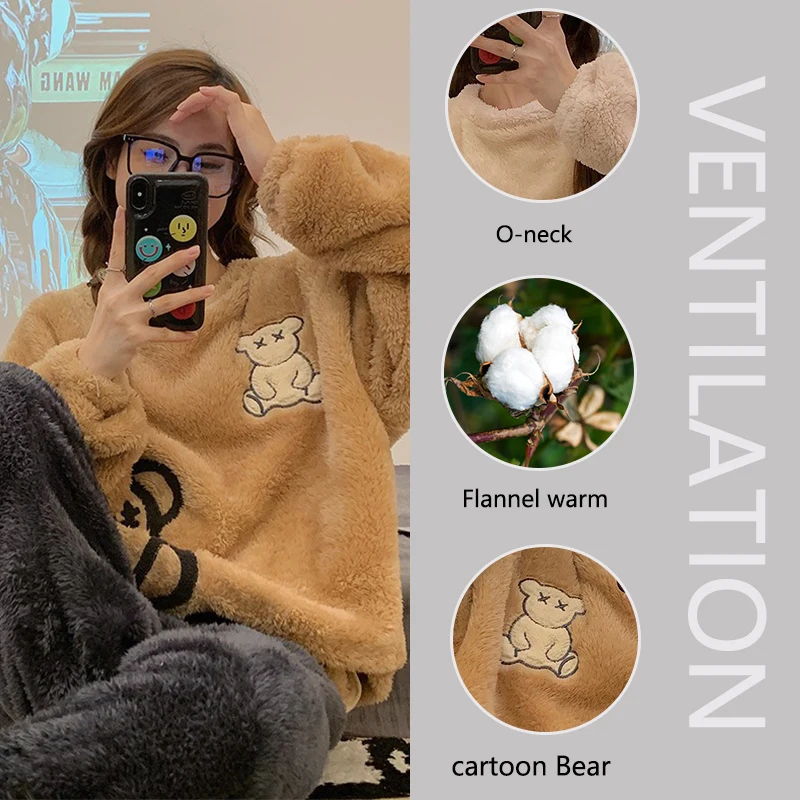 厚く暖かいフランネルパジャマ冬用ホームウェアラウンドネックトップスとズボンナイトウェアコーラルベルベット2点セットパジャマ