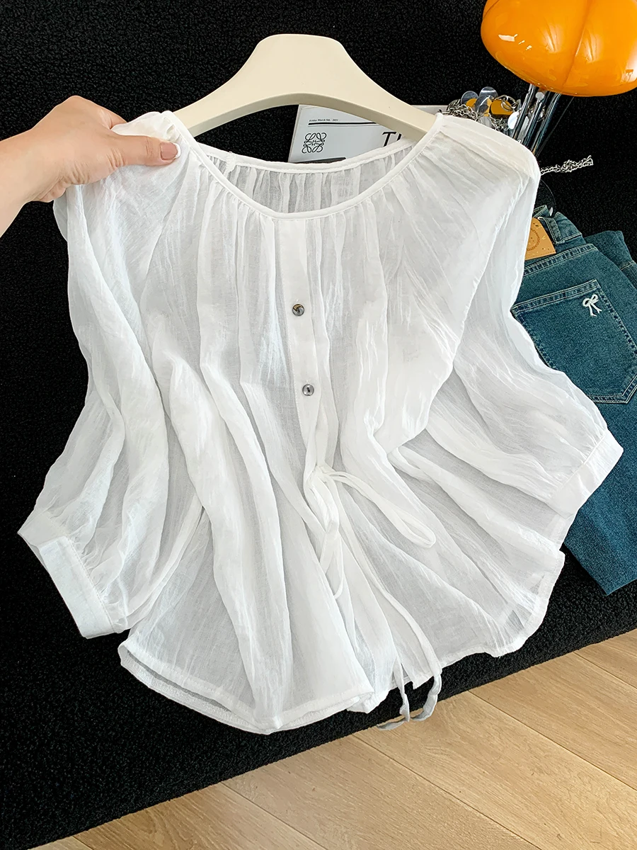 

Sun Protection Silk Hemp Loose Fit Nine Sleeve Length Thin Shirt Women Summer New Style Double Sided Wear Casual Top