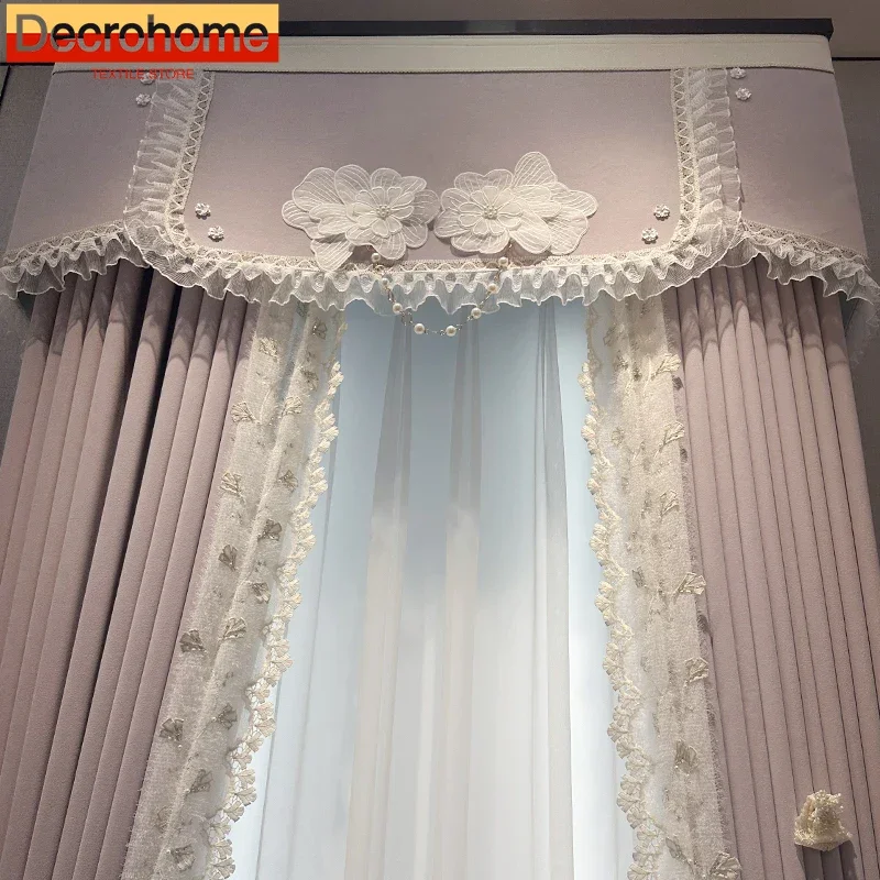 

New Embossed Embroidered Window Screen Spliced Purple Chenille Curtains for Bedroom Living Room Bay Window Custom Valance