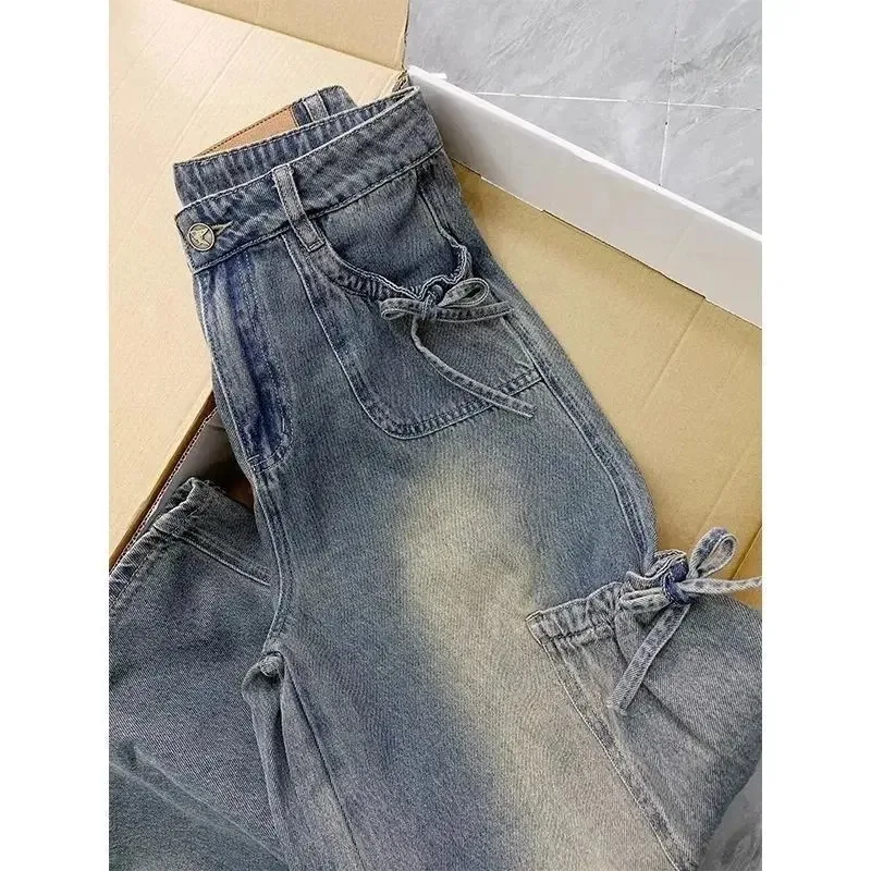 Vaqueros de mezclilla con lazo Retro americano para mujer primavera otoño nuevos pantalones de pierna ancha ajustados de cintura alta con múltiples bolsillos