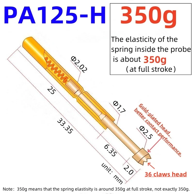 

20/100PCS Spring Test Pin PA125-H 33.35mm 2.02mm 36-claw Tip Head 2.50mm Needle Test Probe P125-H2 PogoPin P125-H 350g Force