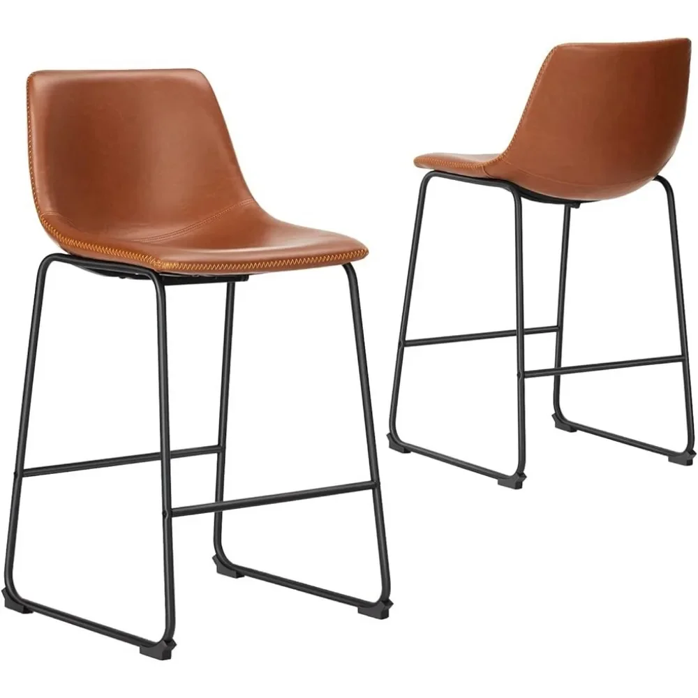 Bar Stools Set of 2, 26inch Armless Faux Leather Barstools with Back, Metal Legs and Footrest, Bar Chair