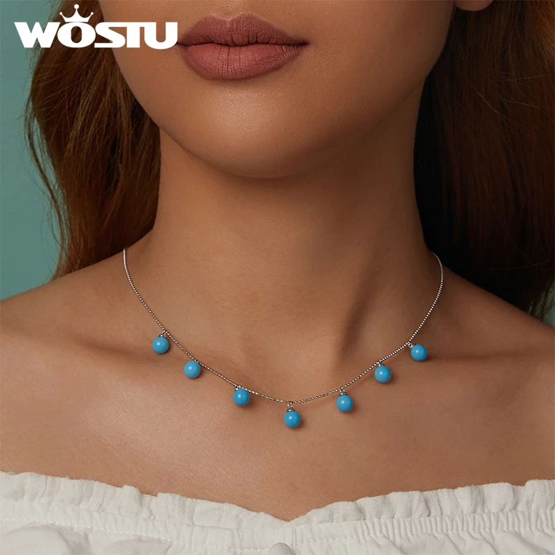 WOSTU 925 Sterling Silver Turquoise Pendant Necklace Gift For mom Blue Turquoise Chain Links Choker Party Jewelry Accessories