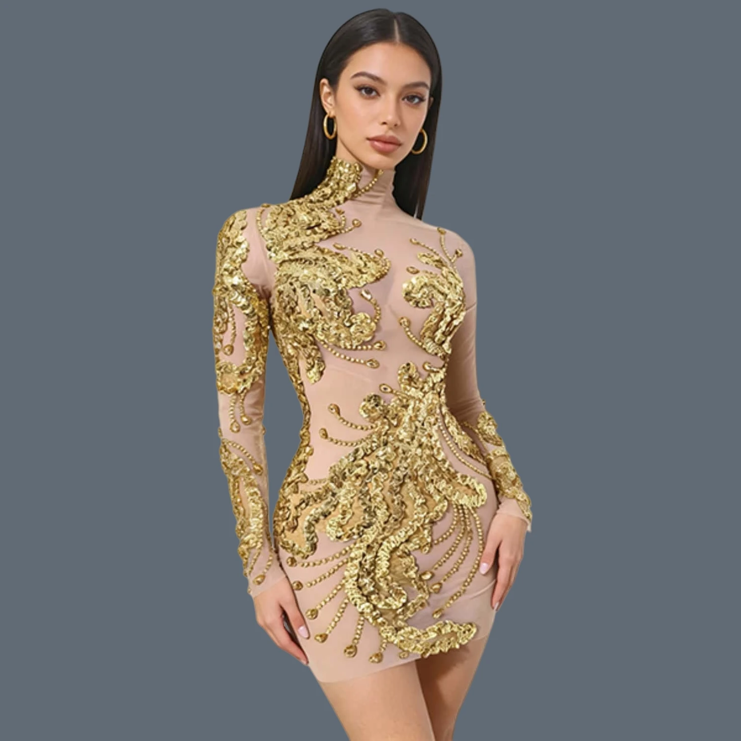 

Sparkly Sequins Rhinestone Tassel Mini Dress Latin Dance Outfit See Through Mesh Golden Dresses Stage Performance Wear Shanhu