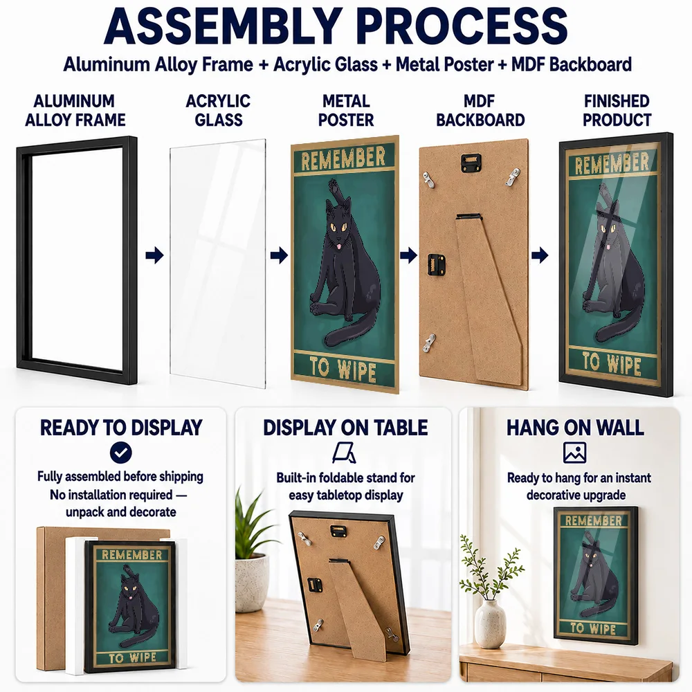Remember To Wipe Cat Metal Poster With Aluminum Alloy Frame Customized Comic Style Wall Art For Guest Bathroom Beside Washbasin